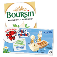 Boursin knoflook & fijne kruiden
pakje à 80 gram, La Vache qui rit
cheez dippers 3-pack
doosje à 105 gram
Mini Babybel
doosje à 